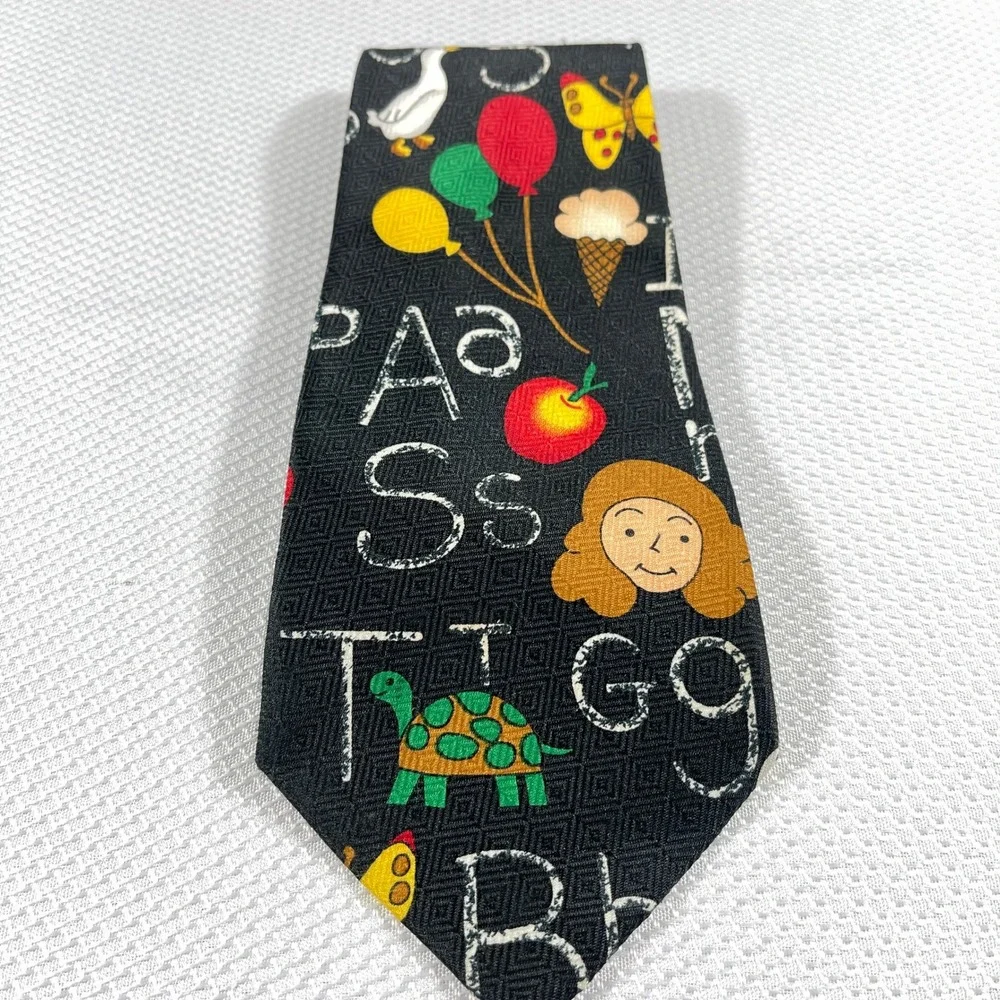 Fratello Silk Mens Alphabet Teacher Novelty Tie Black‎ School Print VTG